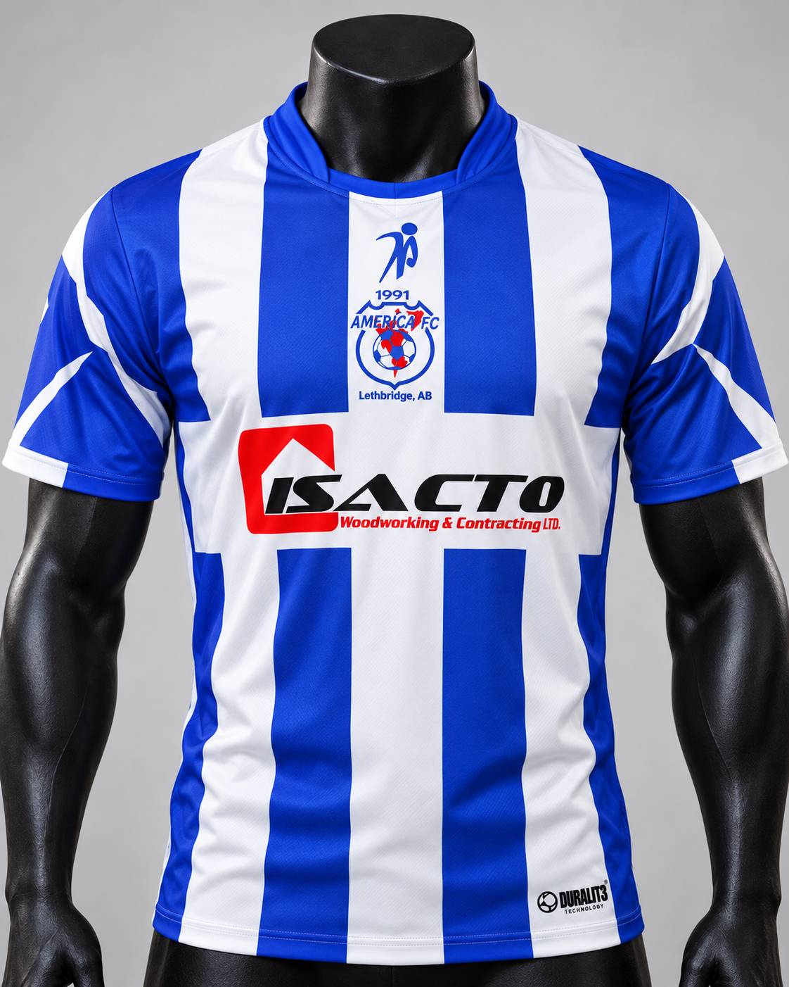 América FC custom blue and white soccer jersey featuring Isacto Woodworking and Contracting sponsorship