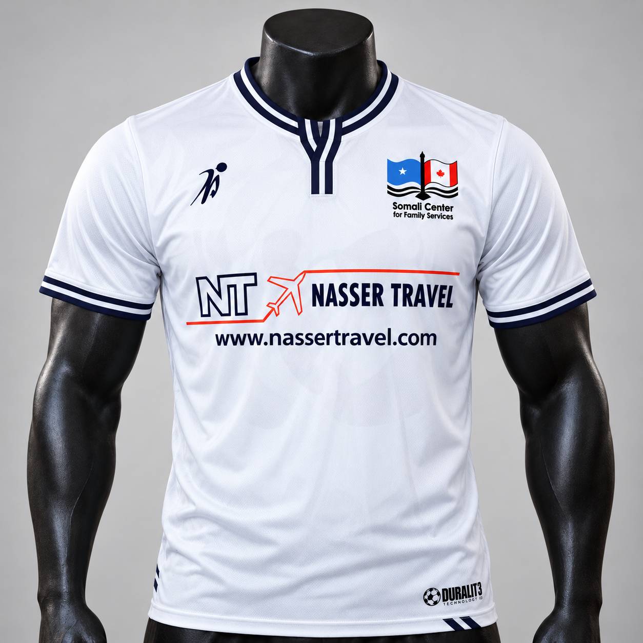 White custom soccer jersey with Nasser Travel sponsor logo and Somali Center for Family Services crest