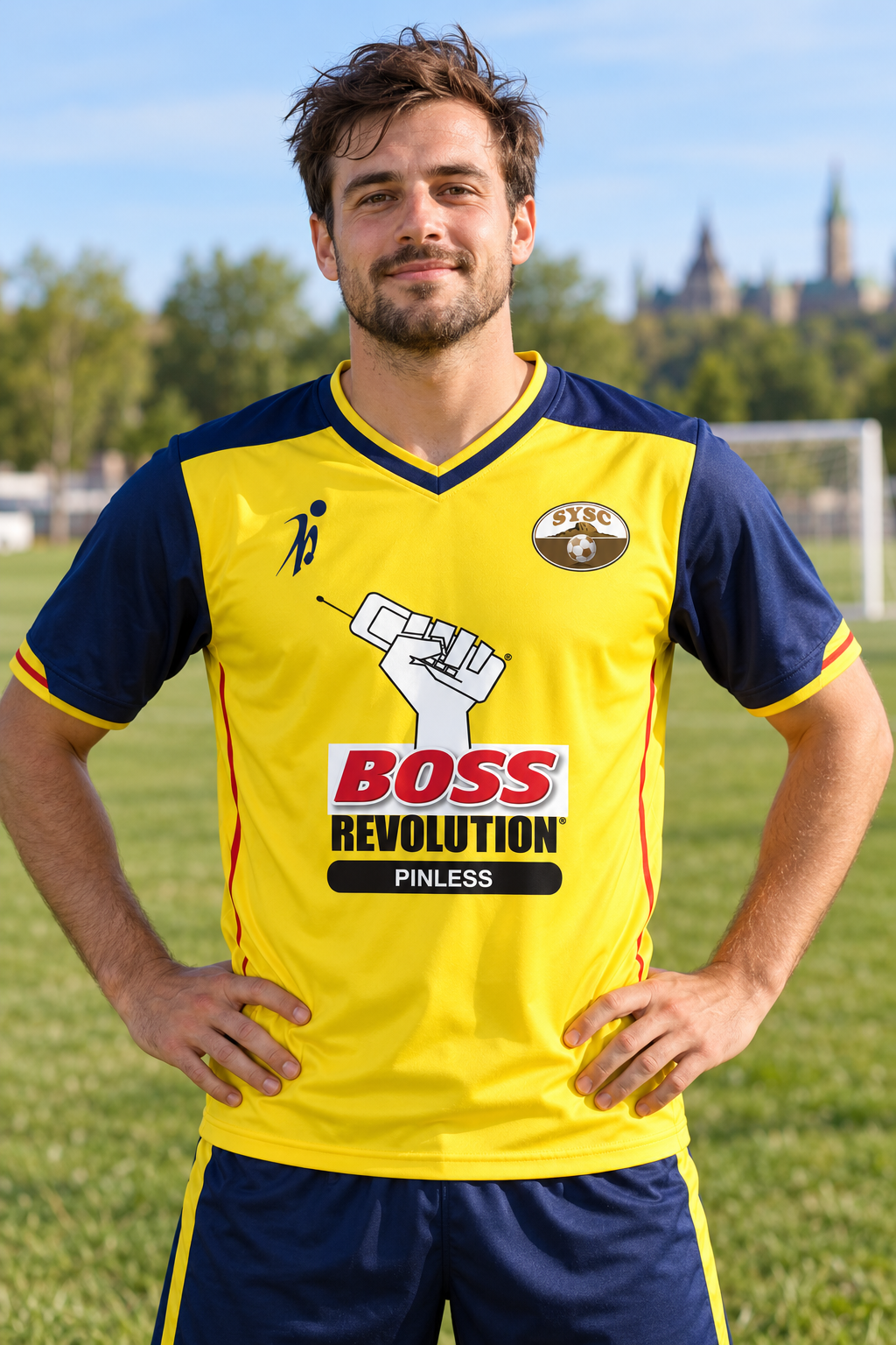 Player wearing a custom yellow and navy BOSS Revolution soccer jersey