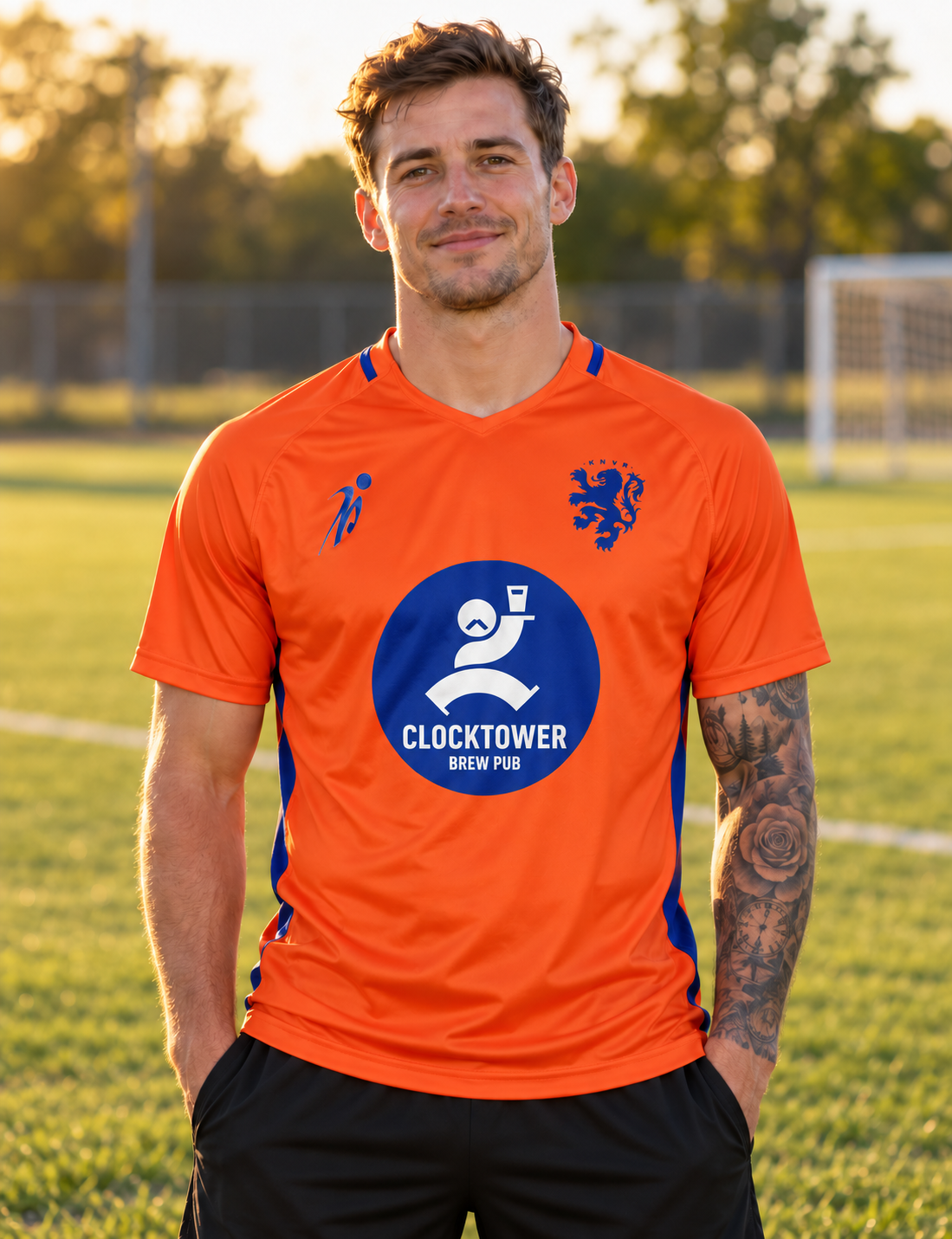 Player wearing an orange and blue custom soccer jersey featuring the Clocktower Brew Pub logo