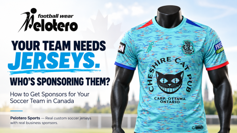Pelotero Sports blog header showing sponsored custom soccer jersey and article about getting sponsors for soccer teams in Canada