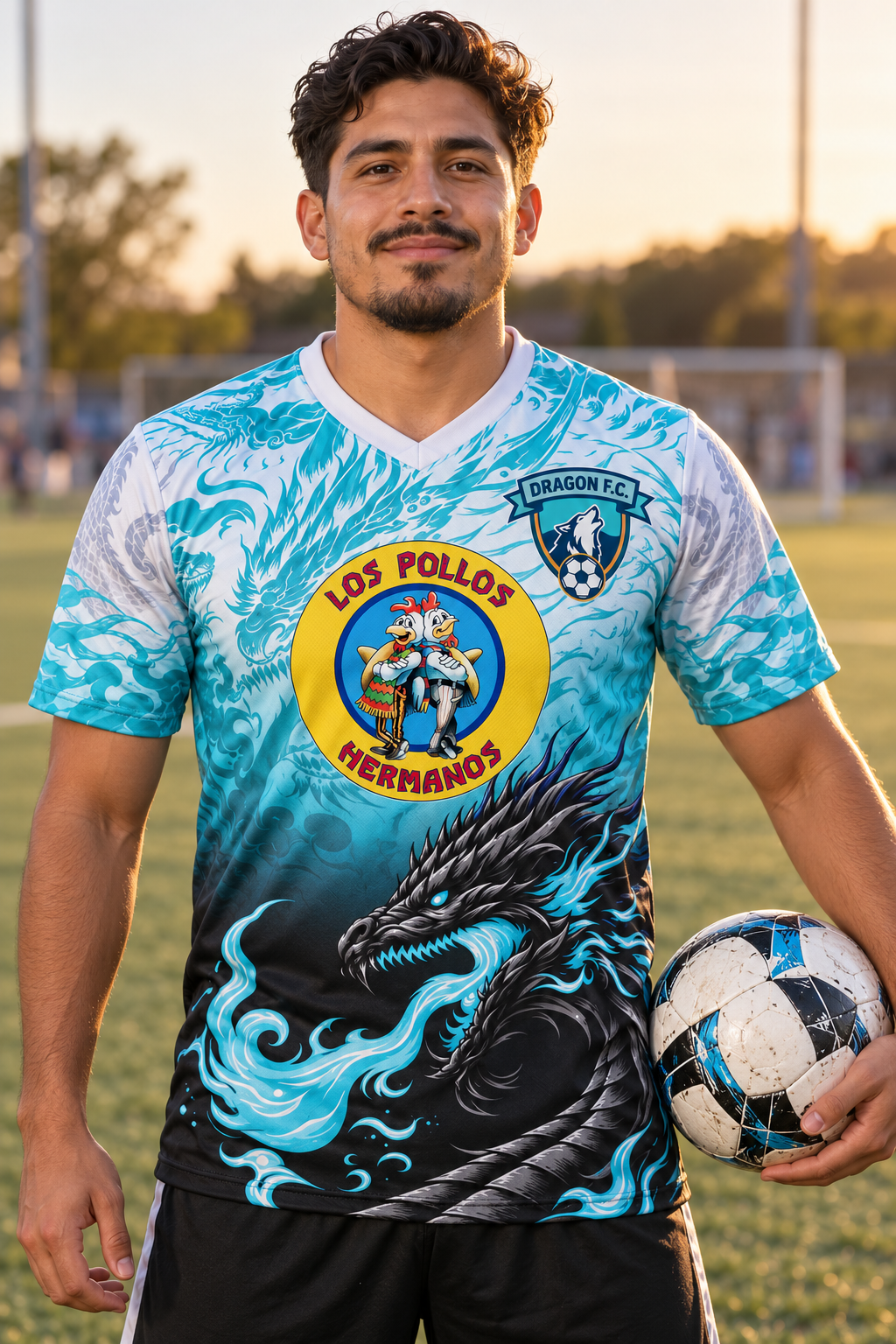 Player wearing a custom aqua and black Dragon F.C. soccer jersey with sponsor logos