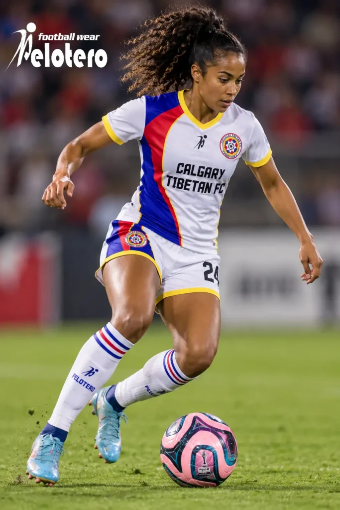 Female soccer player dribbling a ball while wearing a white Princess Cut Pelotero Sports soccer jersey with red, blue and yellow accents.