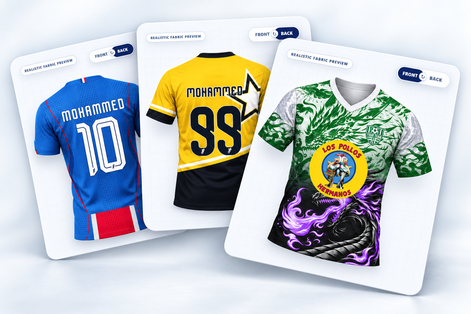 Three custom soccer jersey previews from the Pelotero Sports Jersey Designer