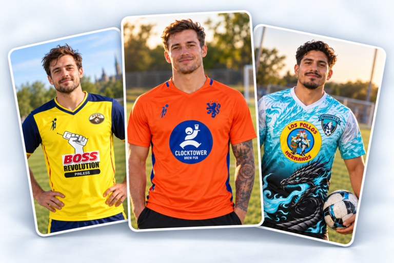 Three custom soccer jerseys featuring local business sponsors on team uniforms