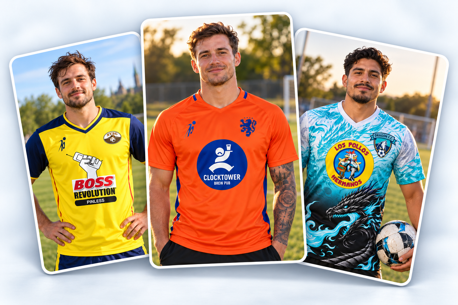 Three custom soccer jerseys featuring local business sponsors on team uniforms