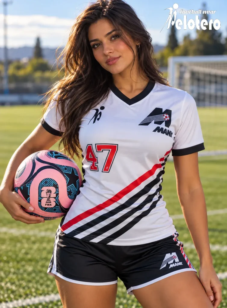 Female soccer model wearing a white Princess Cut Pelotero Sports jersey with black and red diagonal stripes, demonstrating its contoured waist and fitted silhouette.