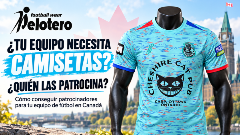 Camiseta de fútbol personalizada por Pelotero Sports con patrocinio de Cheshire Cat Pub en Ottawa, Canadá.