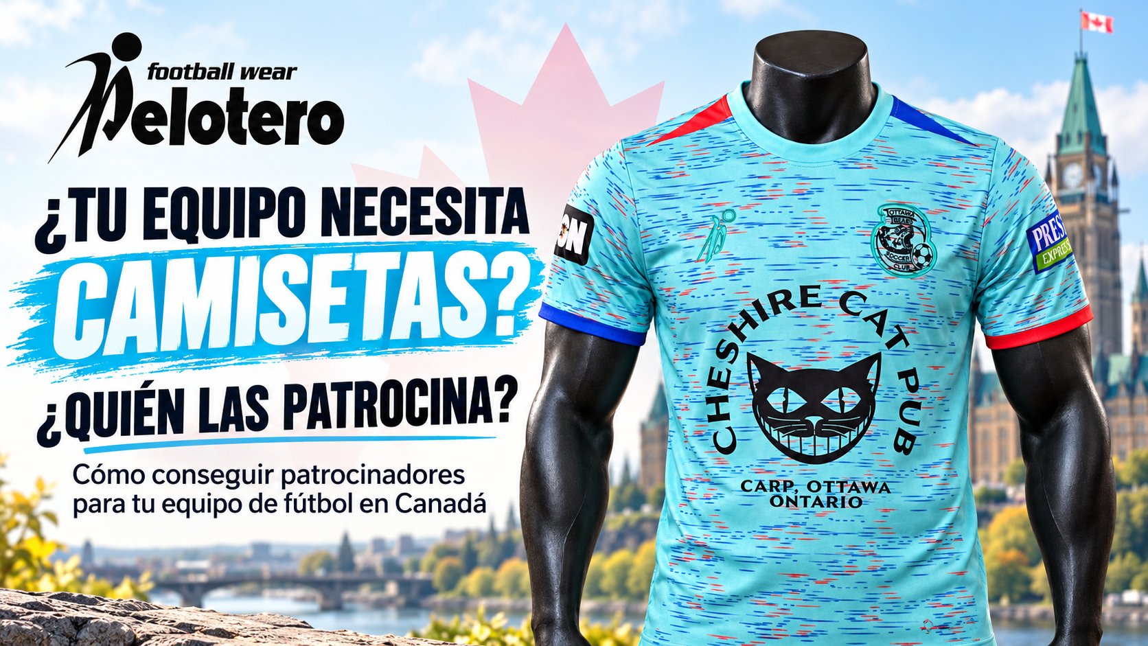Camiseta de fútbol personalizada por Pelotero Sports con patrocinio de Cheshire Cat Pub en Ottawa, Canadá.