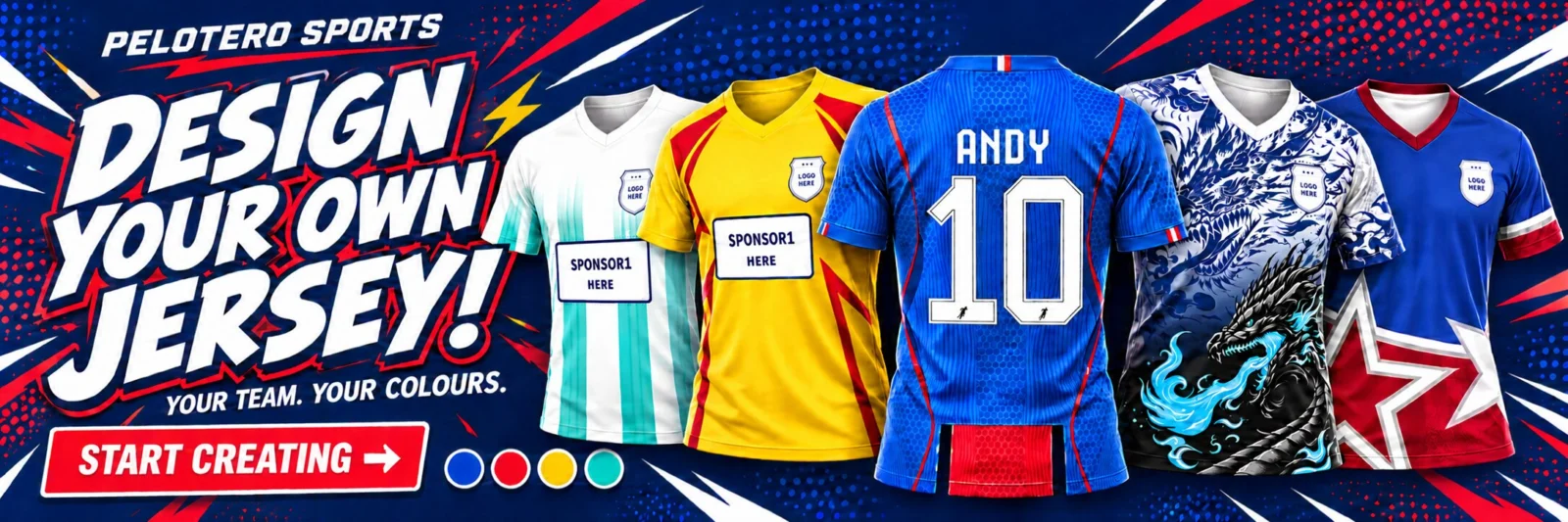 Design your own soccer jersey with the Pelotero Sports Jersey Designer — start creating your team’s look.